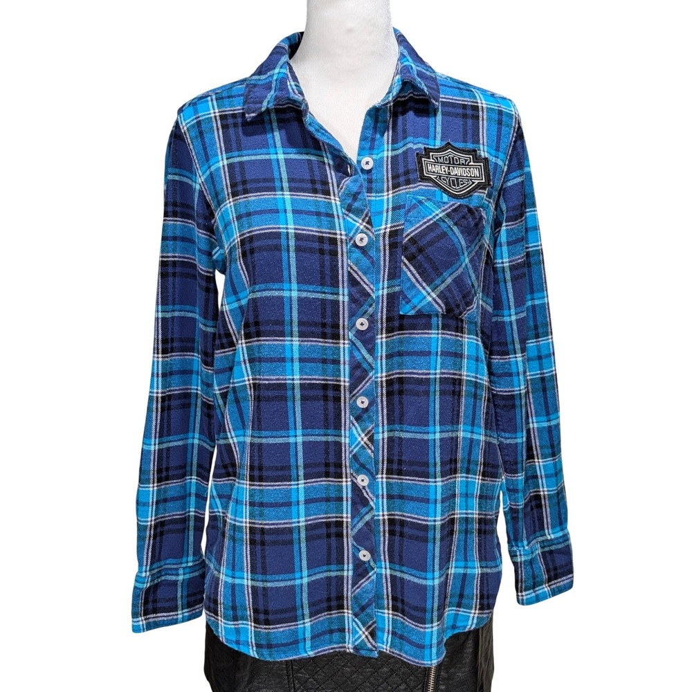 Woolrich Plaid Flannel Shirt Harley Davidson Patch Blue Black‎ White S - Picture 3 of 15